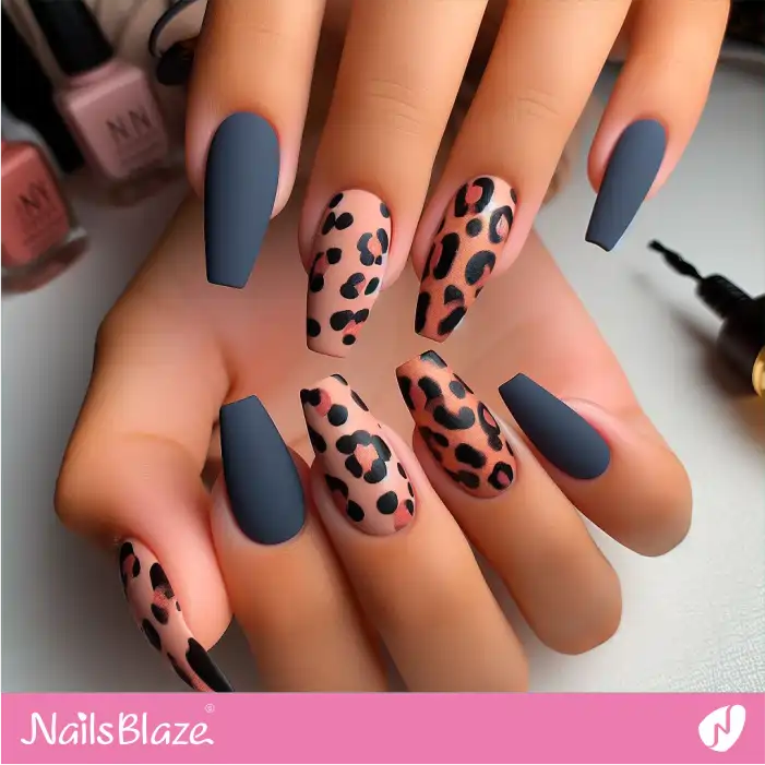Gray Solid Nails with Brown Leopard Print Design | Animal Print Nails - NB2517